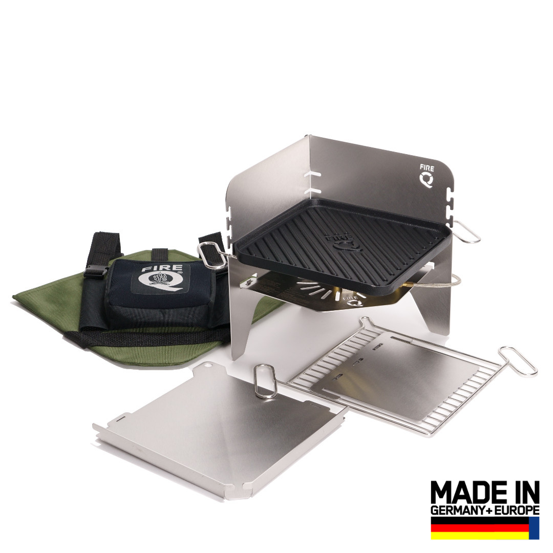 FireQ Mini Universal Reisegrill als Gasgrill, Gaskocher, Holz/Kohle Grill und Feuerschale aufgebaut mit Tasche in Olive