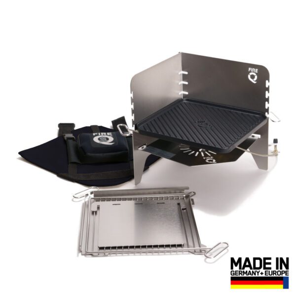 FireQ Universal Reisegrill als Gasgrill, Gaskocher, Holz/Kohle Grill und Feuerschale aufgebaut mit Tasche in Schwarz